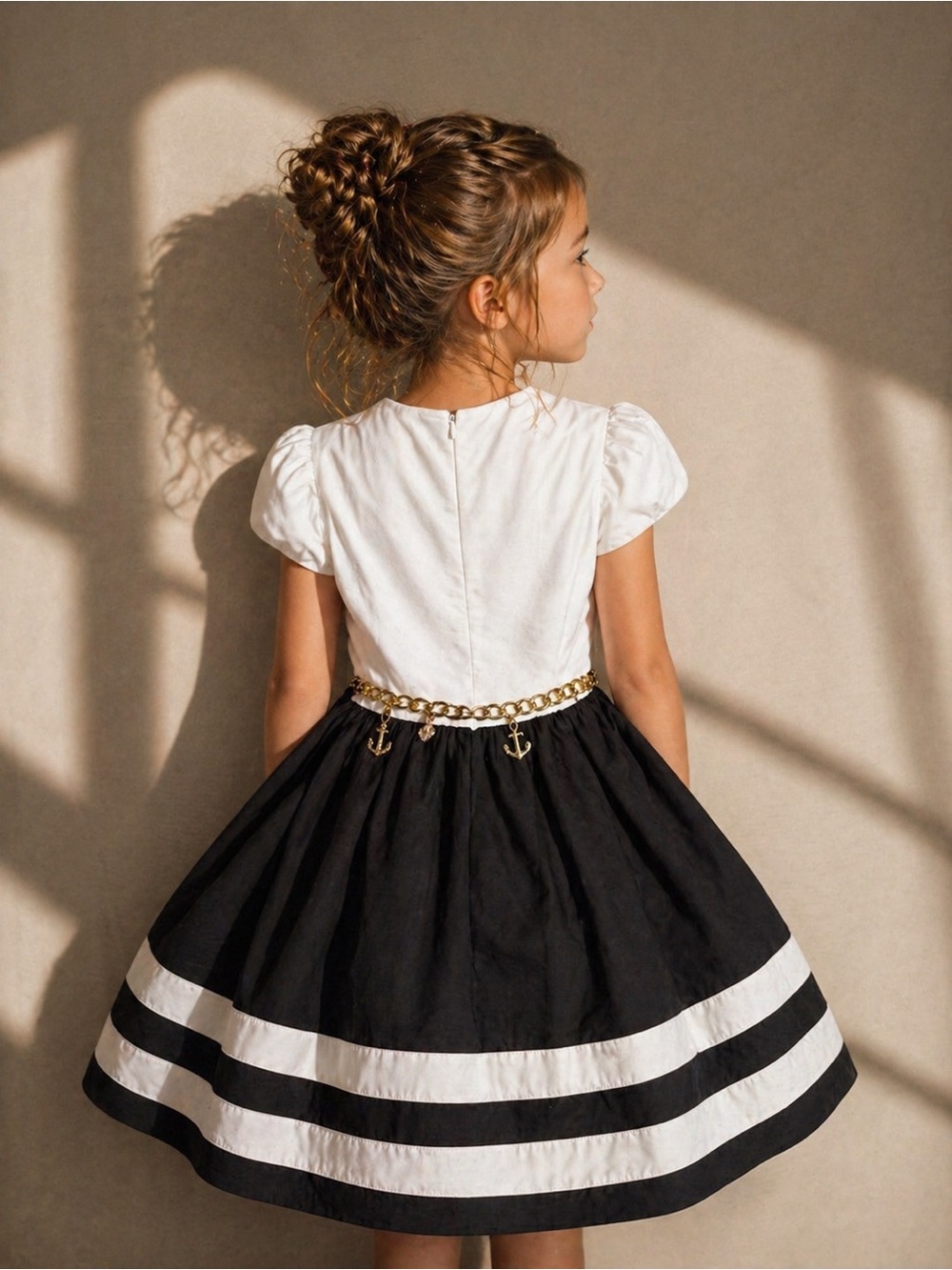 Monnalisa Girls Jersey Dress Size 10 Navy White Gold Chain Belt - Picture 5 of 7